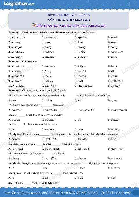Đề thi học kì 1 Tiếng Anh 6 Right on! - Đề số 3